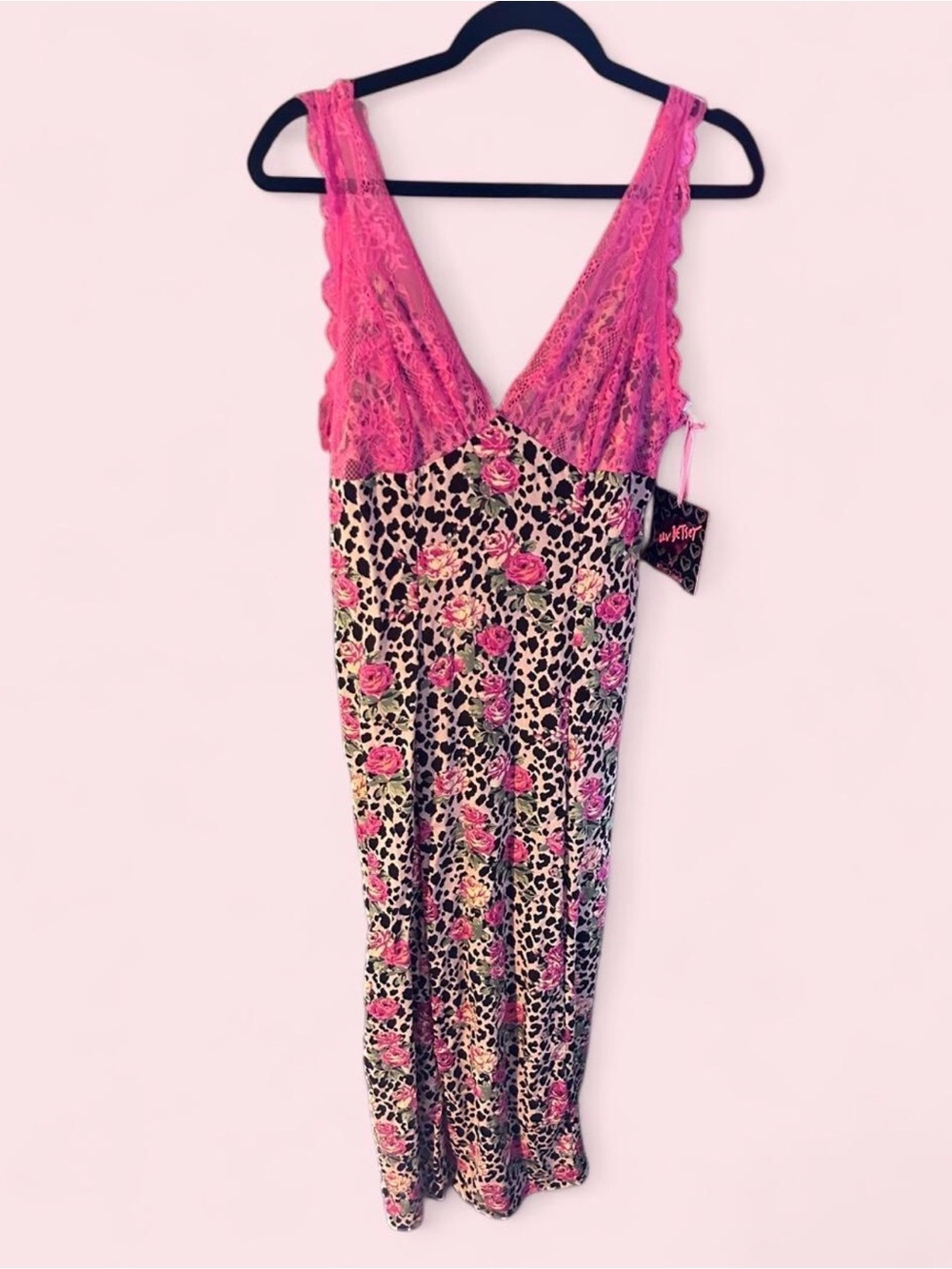 Betsey Johnson Pink Lace & Floral Leopard Print Women’s Slip Dress